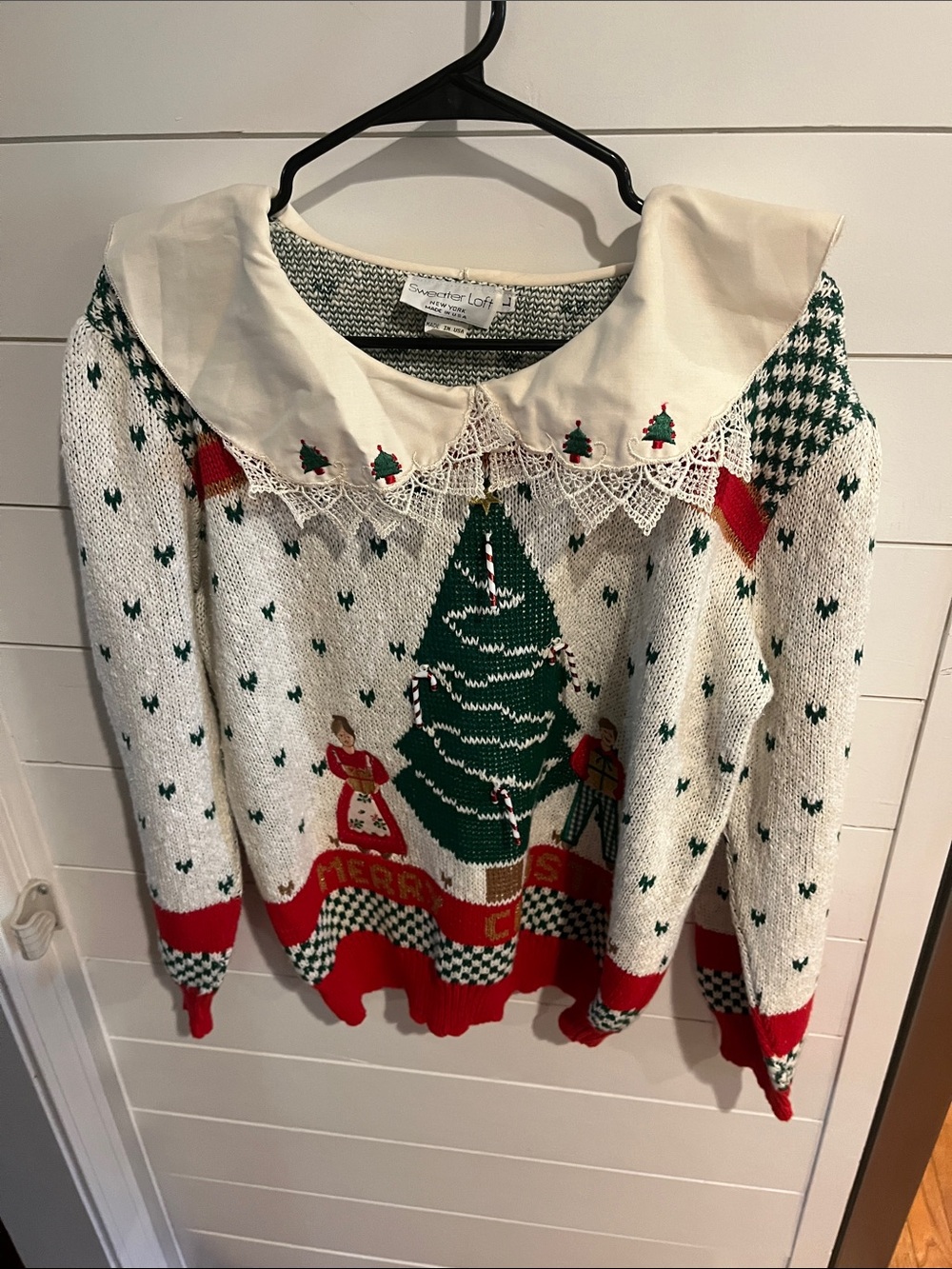 Sweater Loft Vintage 80s White & Green Christmas Tree Collared Sweater large